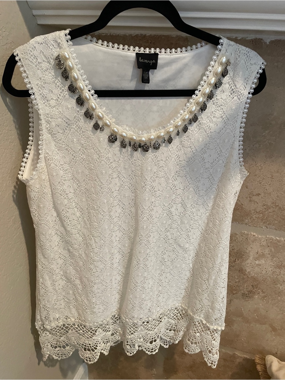 NWOT Lavanya Lace Scallop beaded pearl tunic cocktail dressy formal L